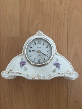 Bulova White Ceramic Mantel Clock with Gold Trim and Purple Floral Accents